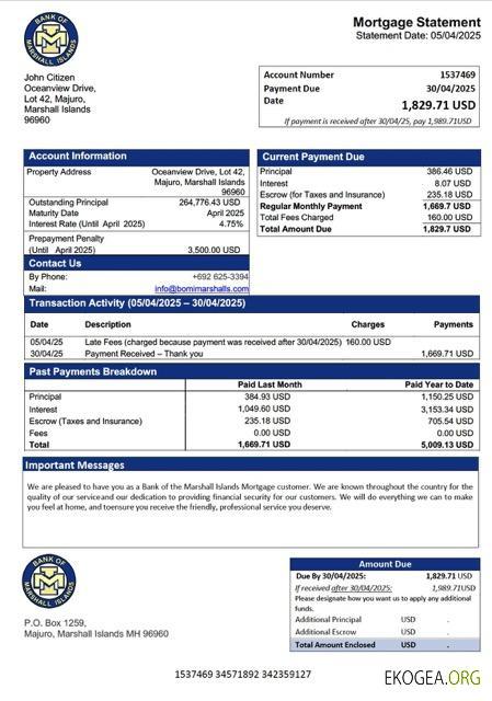 Modèle Word et PDF de relevé hypothécaire de la Banque des Îles Marshall des Îles Marshall template
